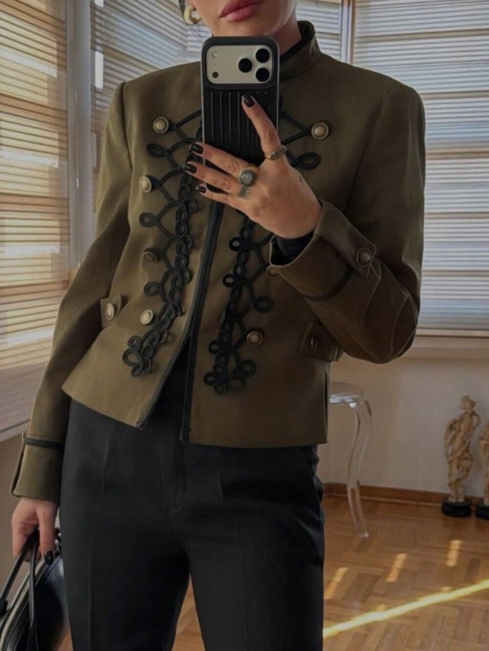 Army Green Casual Women's Short Stand Collar Jacket with Woven Trim